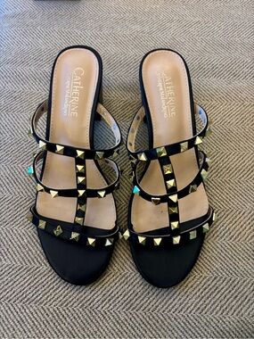 Catherine Malandrino Black Multi-Strap Studded Slide Sandals